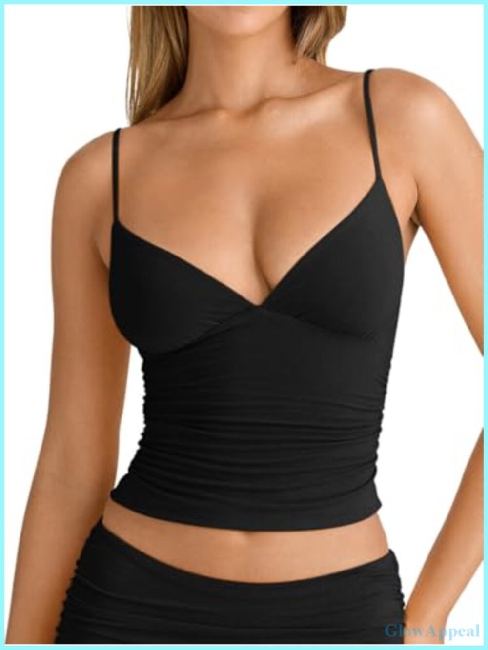 Women's V Neck Ruched Cami Top Sleeveless Double Layer Fitted Crop Tank Top